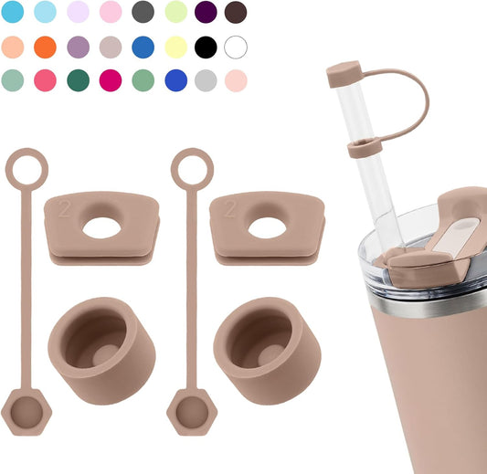 Silicone Spill Stopper Set Compatible with Stanley Cup 2.0 30oz & 40oz with Straw Cover (Set of 2, Almond Rose)