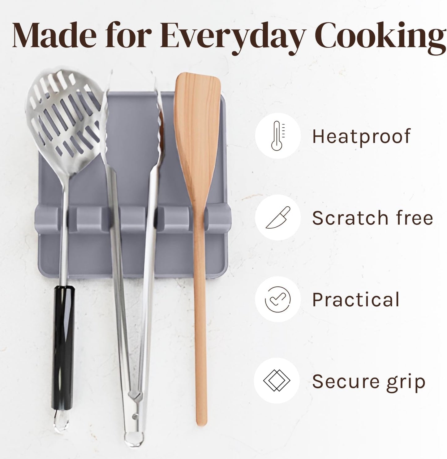 Gray Silicone Spoon Rest for Stove Top with Drip Pad (1 Pack) - Extra Large Heat-Resistant, BPA-Free Utensil Rest for Kitchen Counter - Utensil Holder for Spatulas, Tongs, Ladles and Kitchen Gadgets