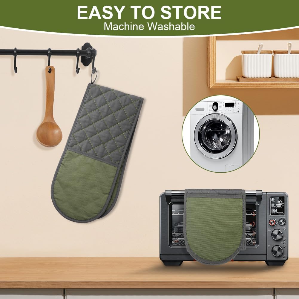 AUAUY Black Double Oven Mitts, 250°C/482°F Heat Resistant BBQ Mittens with Ropes, Silicone Non-Slip Design Kitchen Mittens, Cooking Glove Kitchen Accessories for Cooking Baking Grilling