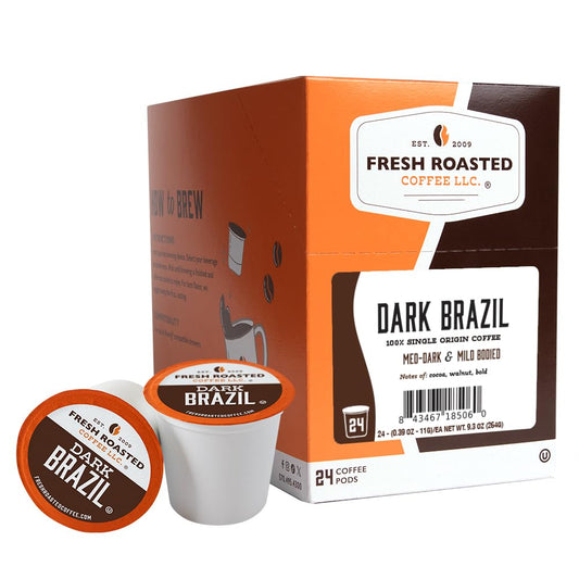 Fresh Roasted Coffee, Dark Brazil, Med-Dark Roast, 24 Pods for K Cup Brewers