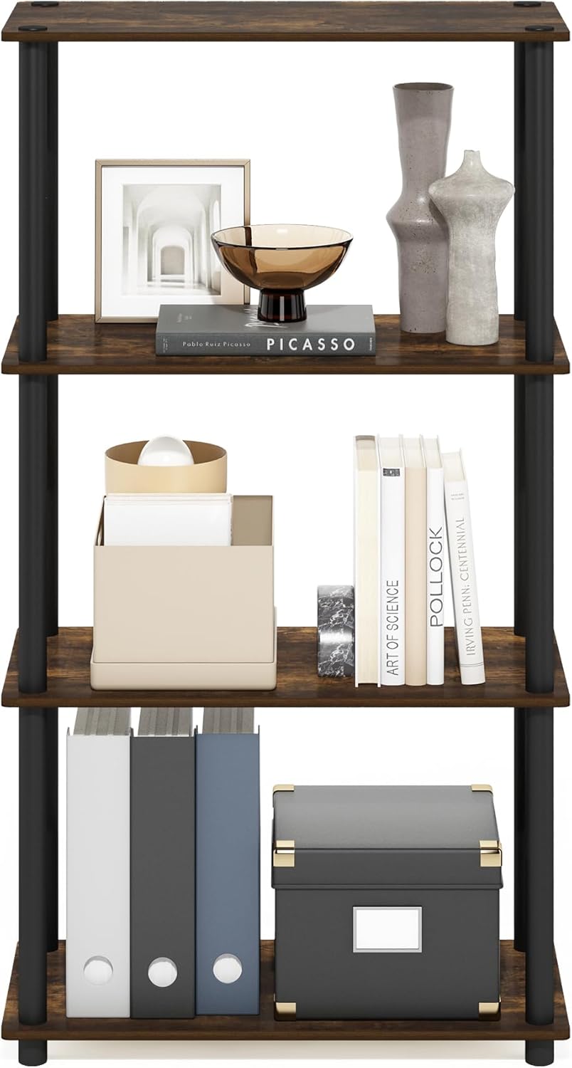 Furinno TURN-N-TUBE Storage Shelves, 4-Tier Toolless Book Shelf, Corner Shelf, Toolless Open Shelves, for Organization and Storage, Living Room, Garage, Home Office, Amber Pine