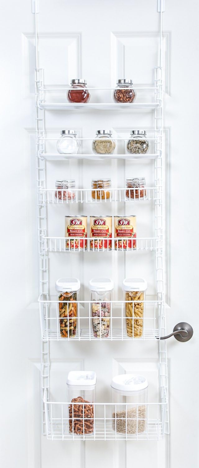 Smart Design Over The Door Adjustable Pantry Organizer Rack w/ 6 Adjustable Shelves - Steel Metal - Hanging - Wall Mount - Cans, Spice, Storage, Closet - Kitchen [White]