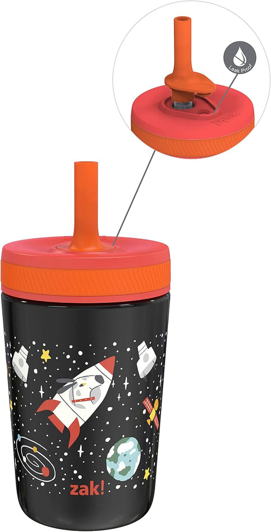 Zak Designs Kelso Toddler Cups For Travel or At Home, 12oz Vacuum Insulated Stainless Steel Sippy Cup With Leak-Proof Design is Perfect For Kids (Spaceships)