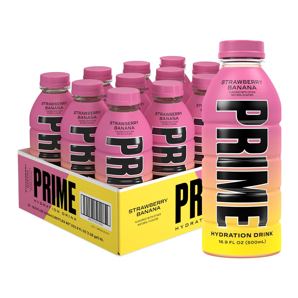 PRIME Hydration STRAWBERRY BANANA, Sports Drinks, Electrolyte Enhanced for Replenishing Fluids, 250mg BCAAs, B Vitamins, Antioxidants, Low Sugar, 16.9 Fl Oz, 12 Pack