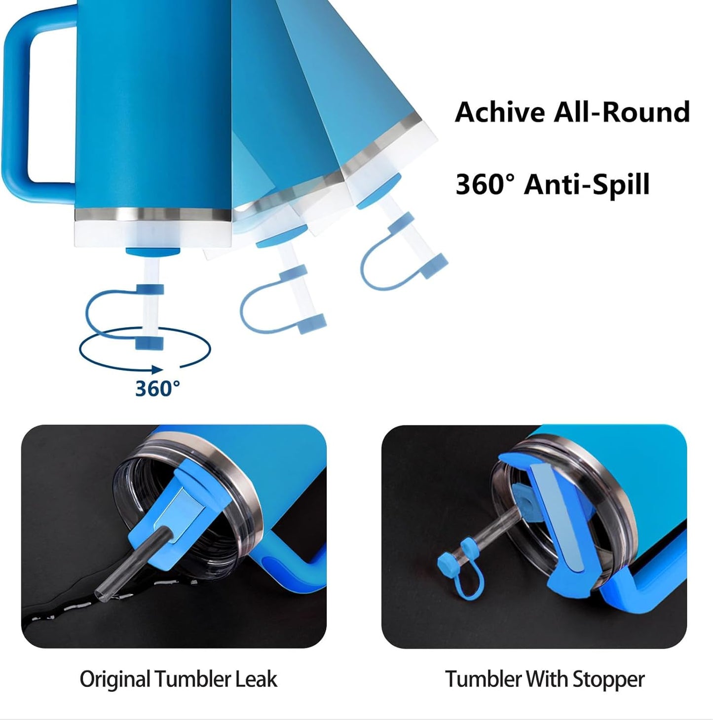 Silicone Spill Stopper Set Compatible with Stanley Cup 2.0 30oz & 40oz with Straw Cover (Set of 2, Azure)