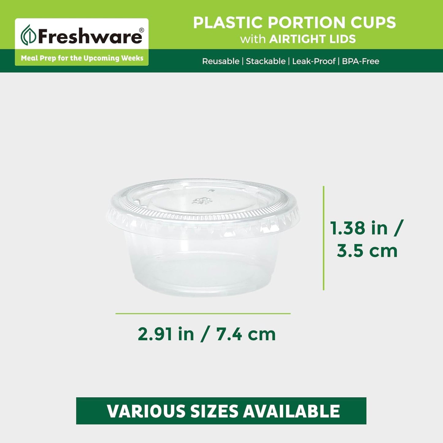 Freshware Plastic Portion Cups with Lids [3.25 Ounce, 100 Sets] Disposable Plastic Cups for Meal Prep, Salad Dressing, Jellos Shot Cups, Souffle Cups, Condiment and Dipping Sauce Cups