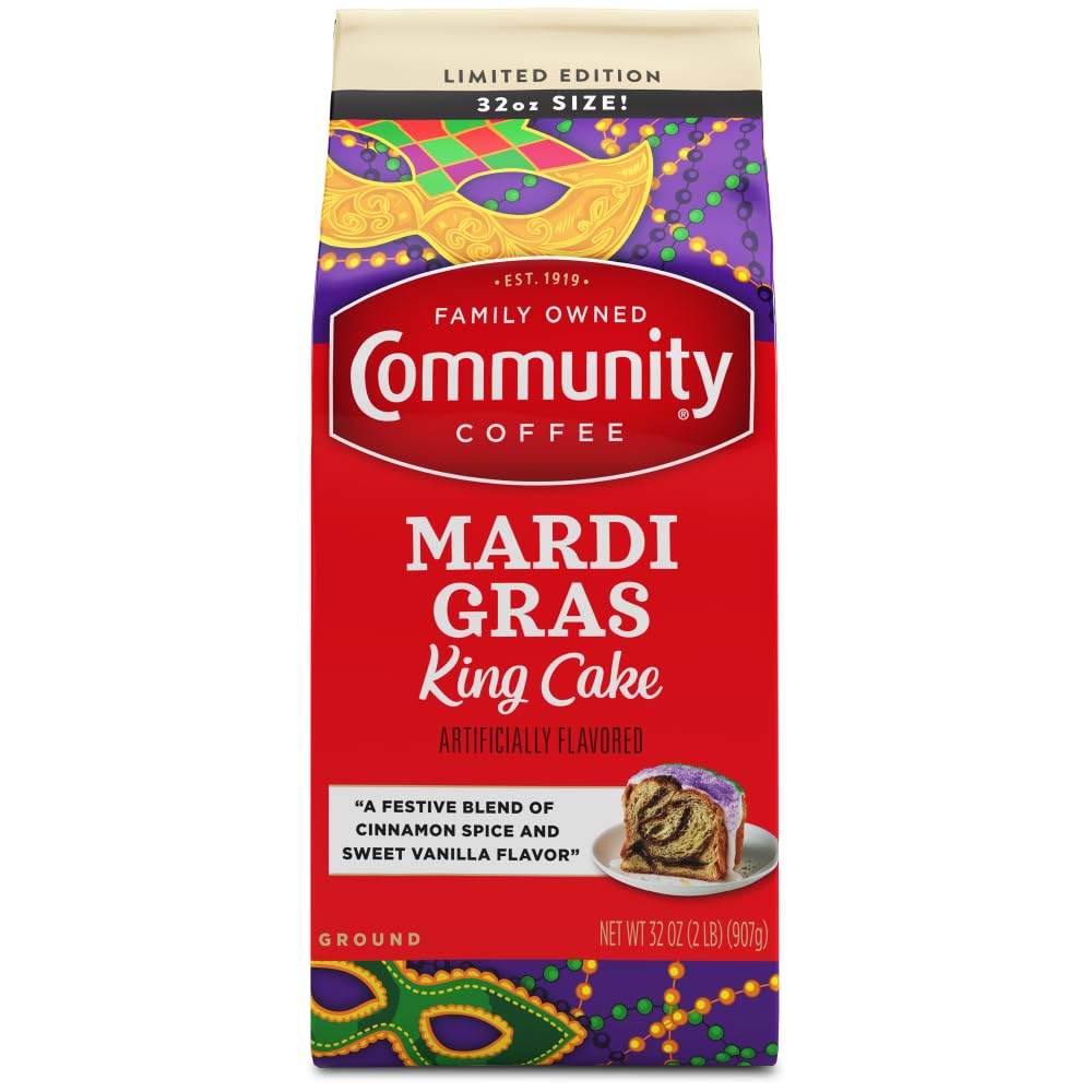 Community Coffee Mardi Gras King Cake Flavored 32 Ounces, Medium Roast Ground Coffee, 32 Ounce Bag (Pack of 1)