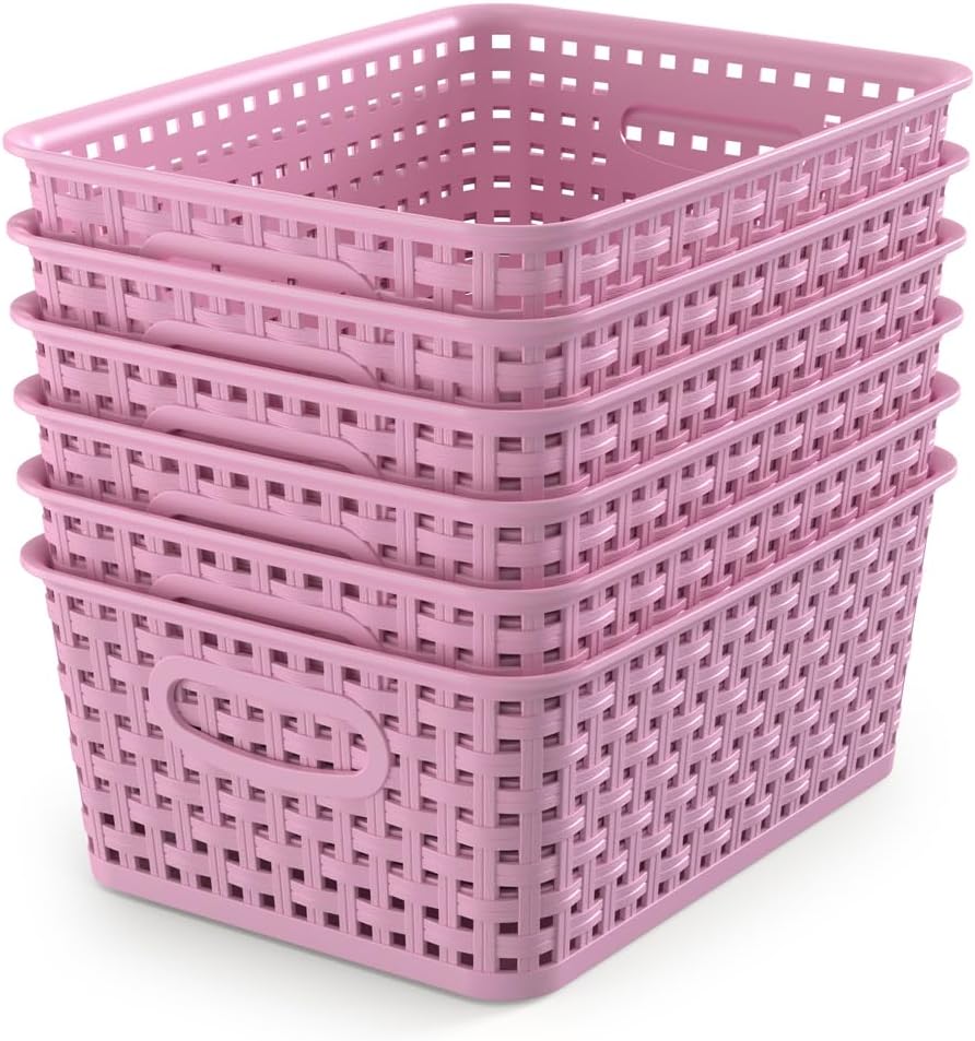 WYT 6-Pack Plastic Small Shelf Storage Weave Baskets Organizing for Cabinets and Pantries, Lavender Purple