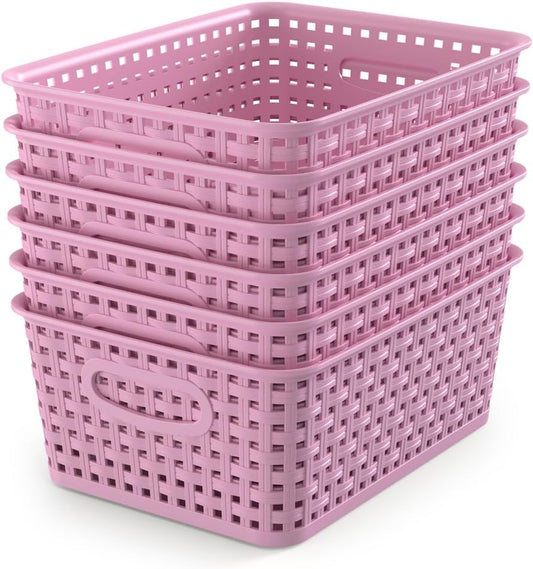 WYT 6-Pack Plastic Small Shelf Storage Weave Baskets Organizing for Cabinets and Pantries, Lavender Purple