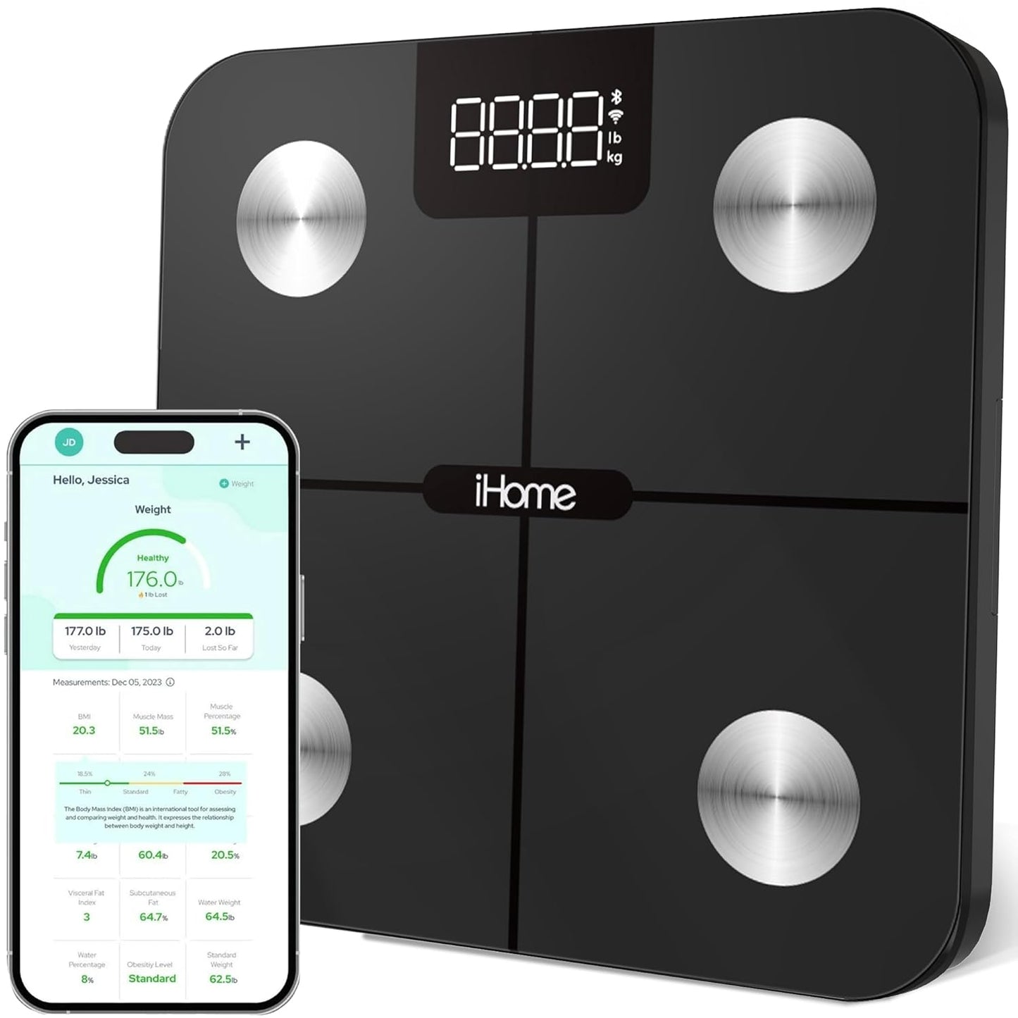 iHome Digital WiFi Smart Scale for Body Weight, Weight Scale, Including BMI, Body Fat, Muscle Mass, Batteries Included (Black Smart WiFi)