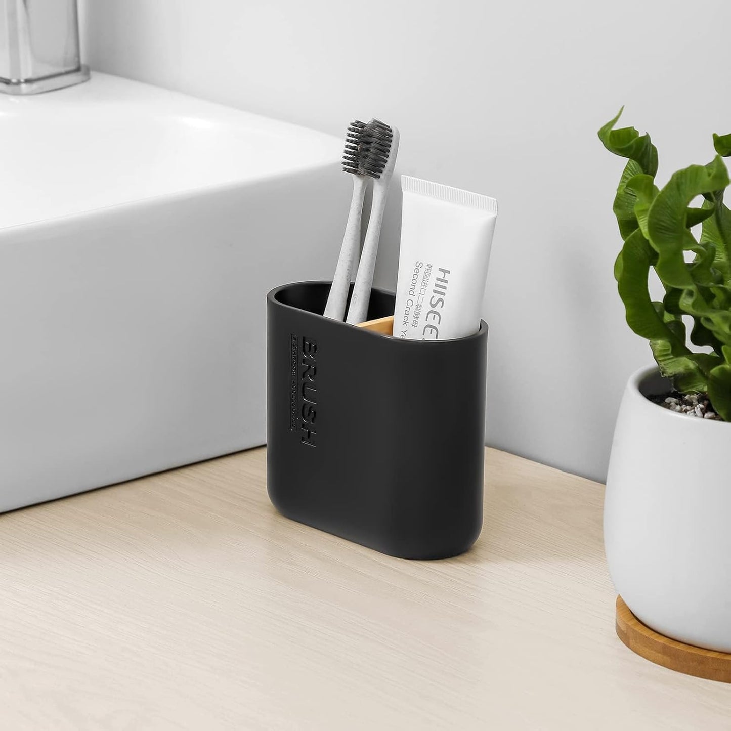 Toothbrush Holders Bamboo Electric Toothbrush Holder Bathroom Storage Organizer Countertop for Toothpaste, Floss, Razor, Black