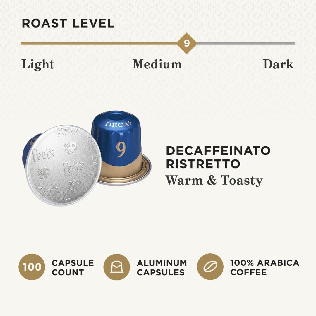 Peet's Coffee, Medium Roast Decaf Espresso Capsules, Compatible with Nespresso Original Machine - Decaf Ristretto Intensity 10, 100 Count (10 Boxes of 10 Espresso Capsules)