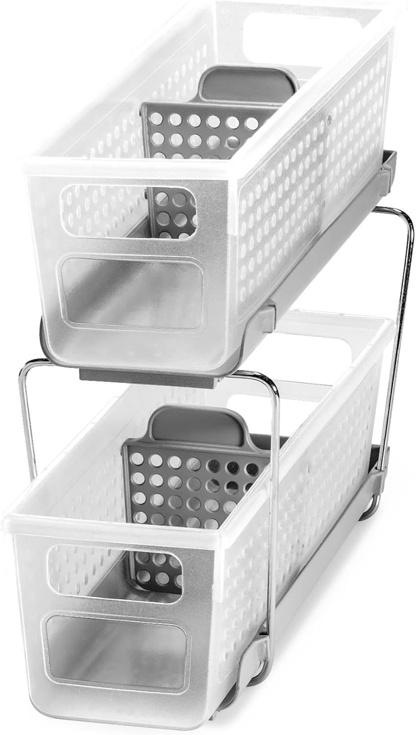 Madesmart 2-Tier Plastic Mini Multipurpose Organizer with Divided Slide-Out Storage Bins, Compact Under Sink and Cabinet Organizer Rack, Frost