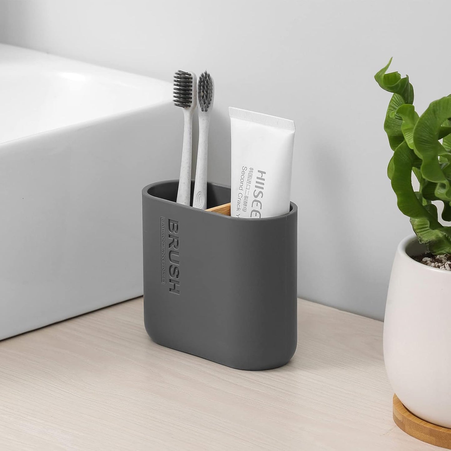Toothbrush Holders Bamboo Electric Toothbrush Holder Bathroom Storage Organizer Countertop for Toothpaste, Floss, Razor, Grey