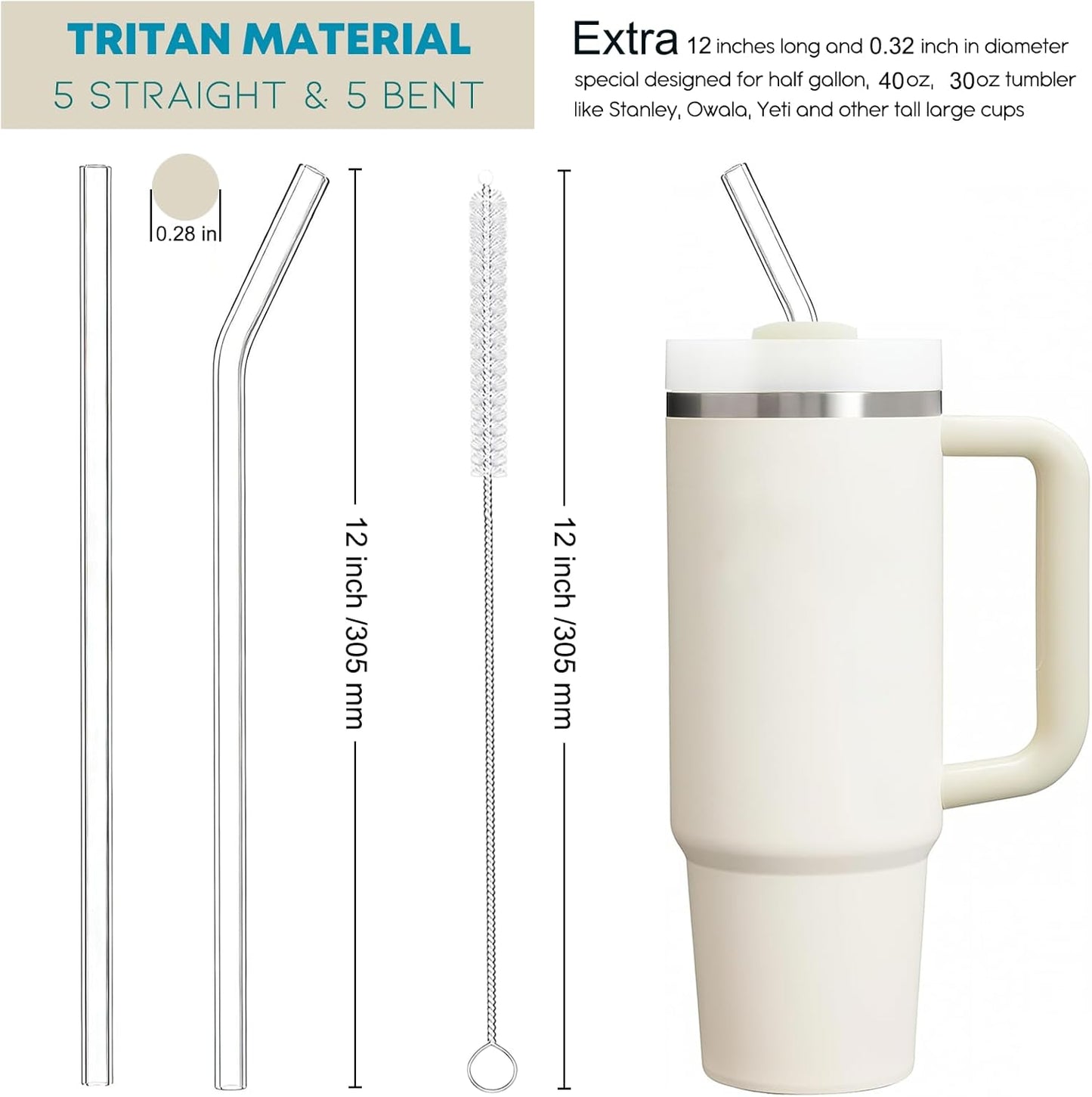 ALINK 10 Pcs Replacement Straws for Stanley 40 oz 30 oz Tumbler, 12 inch Long Reusable Tritan Plastic Clear Tumbler Straws for Stanley Cup, Owala 40 oz, Yeti 42 oz Accessories with Brush