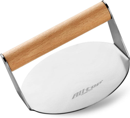 ALLTOP Smash Burger Press,Stainless Steel Non-Stick Hamburger Press Patty Maker for Flat Top Griddle,Grill,BBQ,Kitchen - Round Accessory (5.5” Wood Handle)