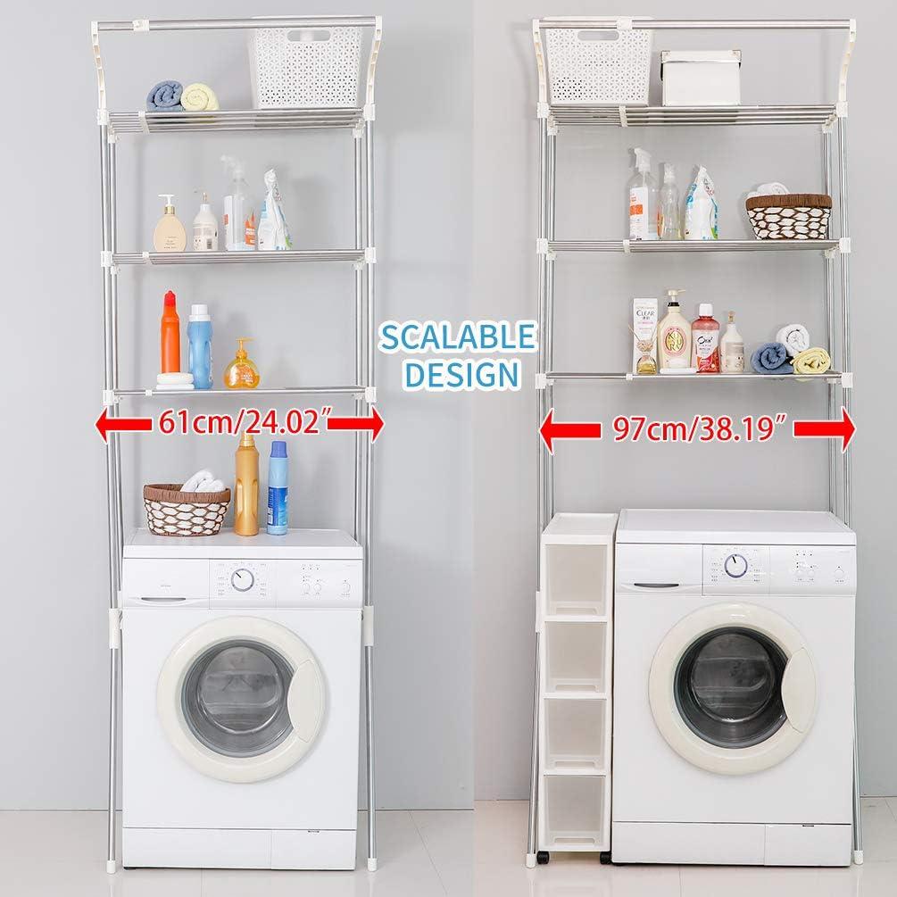 BAOYOUNI Adjustable Laundry Shelf Over Toilet Washing Machine Storage Rack Above Washer Dryer Standing Bathroom Organizer 3-Tier Space Saving Shelving Units, Ivory