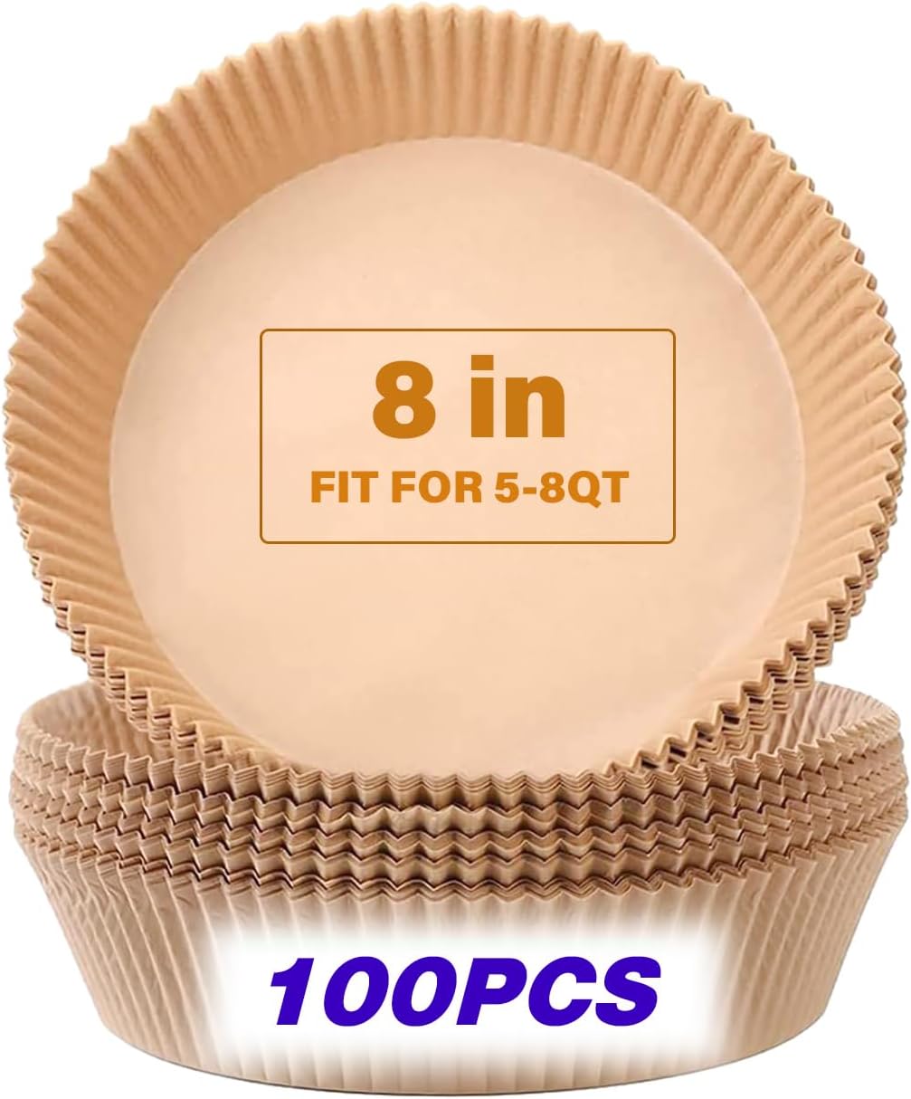 100Pcs OOTDAY Airfryer Paper Liners, Round Parchment Paper, Kitchen Cooking Non-Stick air fryer accessories, Frying Pan, Oil-proof Air Fryers for 5-8 QT Air Fryer Baking Roasting Microwave(8")