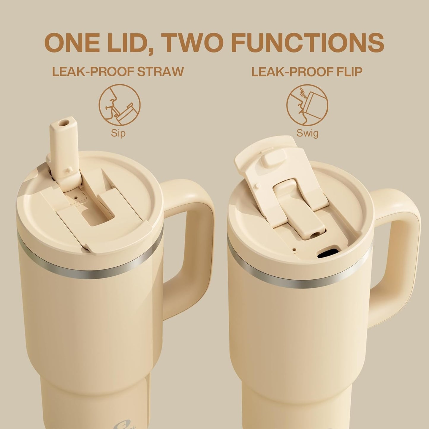 32 oz Tumbler with Handle and Straw: Stainless Steel Insulated Tumbler Keeps Cold for 24 Hours, Leakproof Travel Cup Fits in Cup Holder and BPA-Free, Indian Khaki