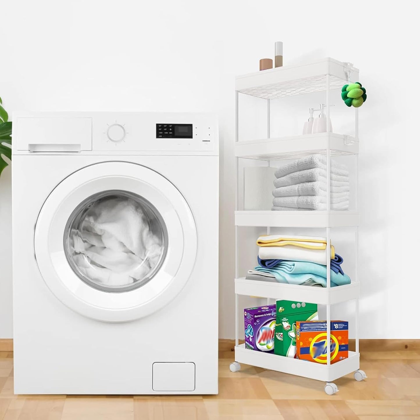 SPACEKEEPER 5-Tier Storage Cart Organizer Rolling Utility Cart, Mobile Shelving Unit Slide Out Storage Shelves for Kitchen Living Room Bathroom Laundry Room & Dressers, White