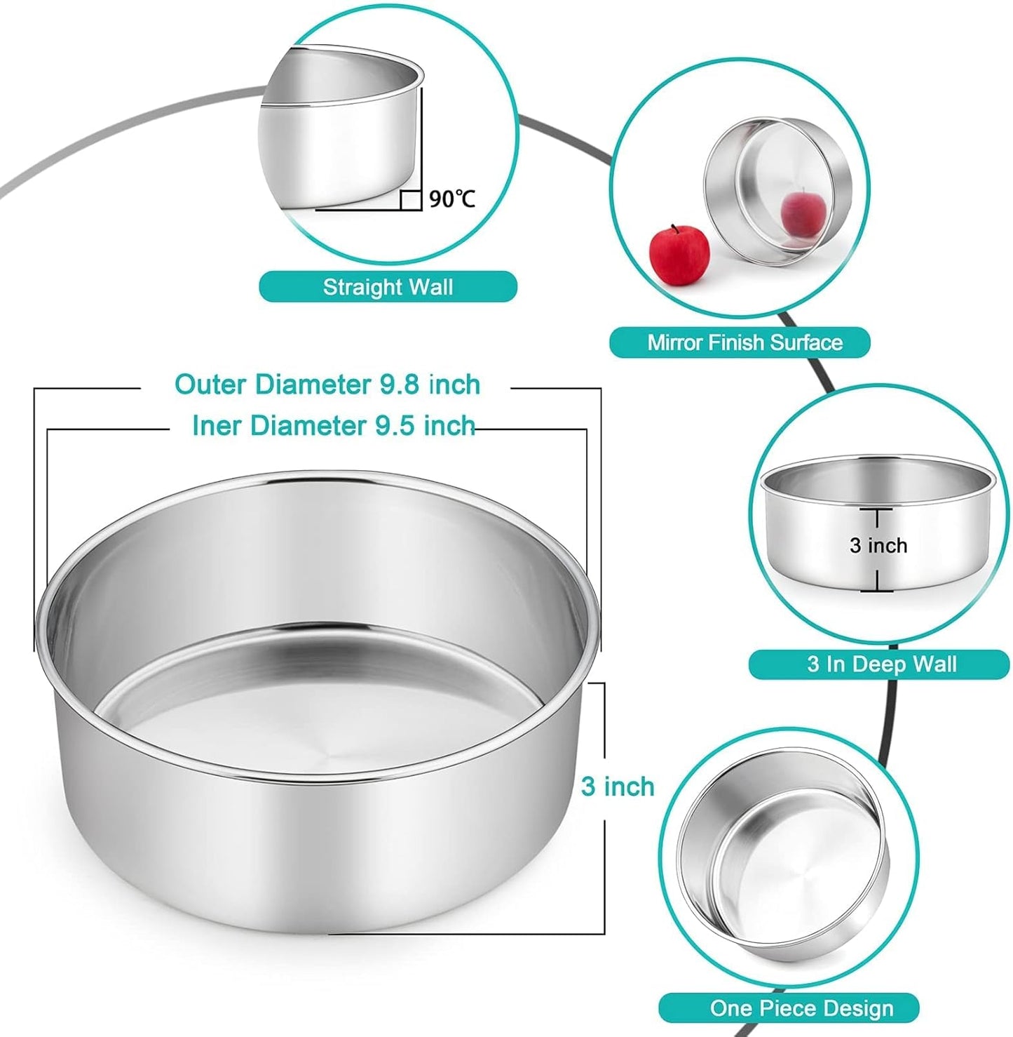 TeamFar Round Cake Pans, 9½’’x3’’ Stainless Steel Deep Tier Baking Cake Pan for Wedding Birthday Party, Non-Toxic & Heavy Duty, Straight & Deep Wall, Mirror Finish & Dishwasher Safe - Set of 2