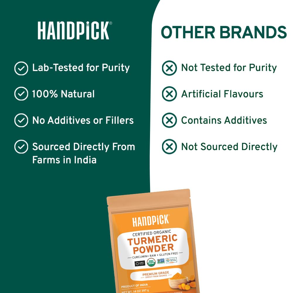 HANDPICK, Organic Turmeric Powder with Curcumin (397g/14oz) | Authentic Indian Origin | Gluten Free | Made from Turmeric Root