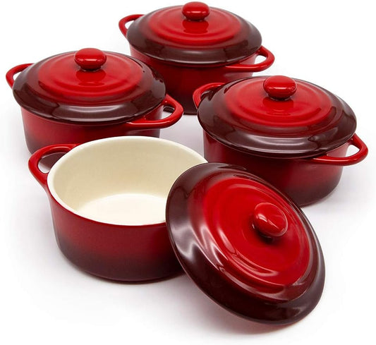 Kook Ceramic Mini Cocotte Set, Small Casserole Dishes with Lids and Handles, Individual Baking Ramekins, Oven, Microwave & Dishwasher Safe, Stoneware, 12 oz, Set of 4 (Crimson Ombre)