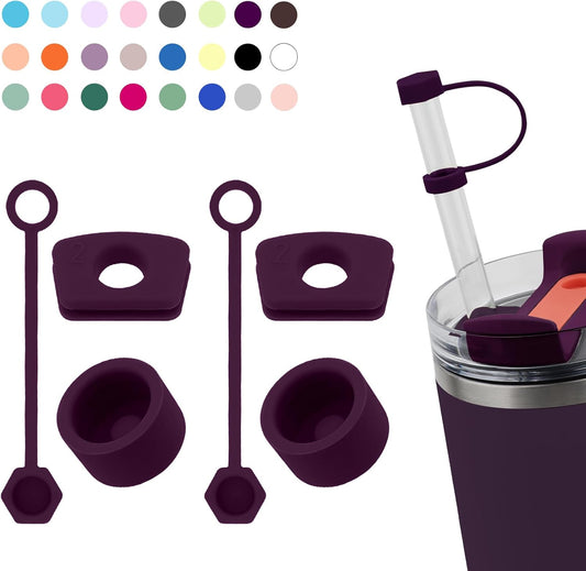Silicone Spill Stopper Set Compatible with Stanley Cup 2.0 30oz & 40oz with Straw Cover (Set of 2, Plum)