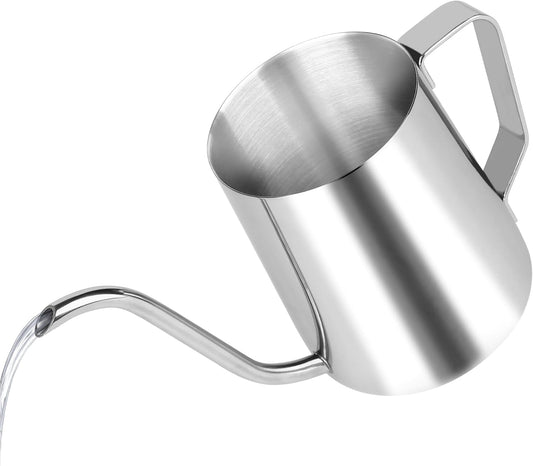 Stainless Steel Gooseneck Spout Kettle for Hand Drip Coffee One Serving Pour Over Kettle for Filter Coffee Long and Narrow Drip Cup for Outdoor Camping (Silver / 350ML / 1Pack)