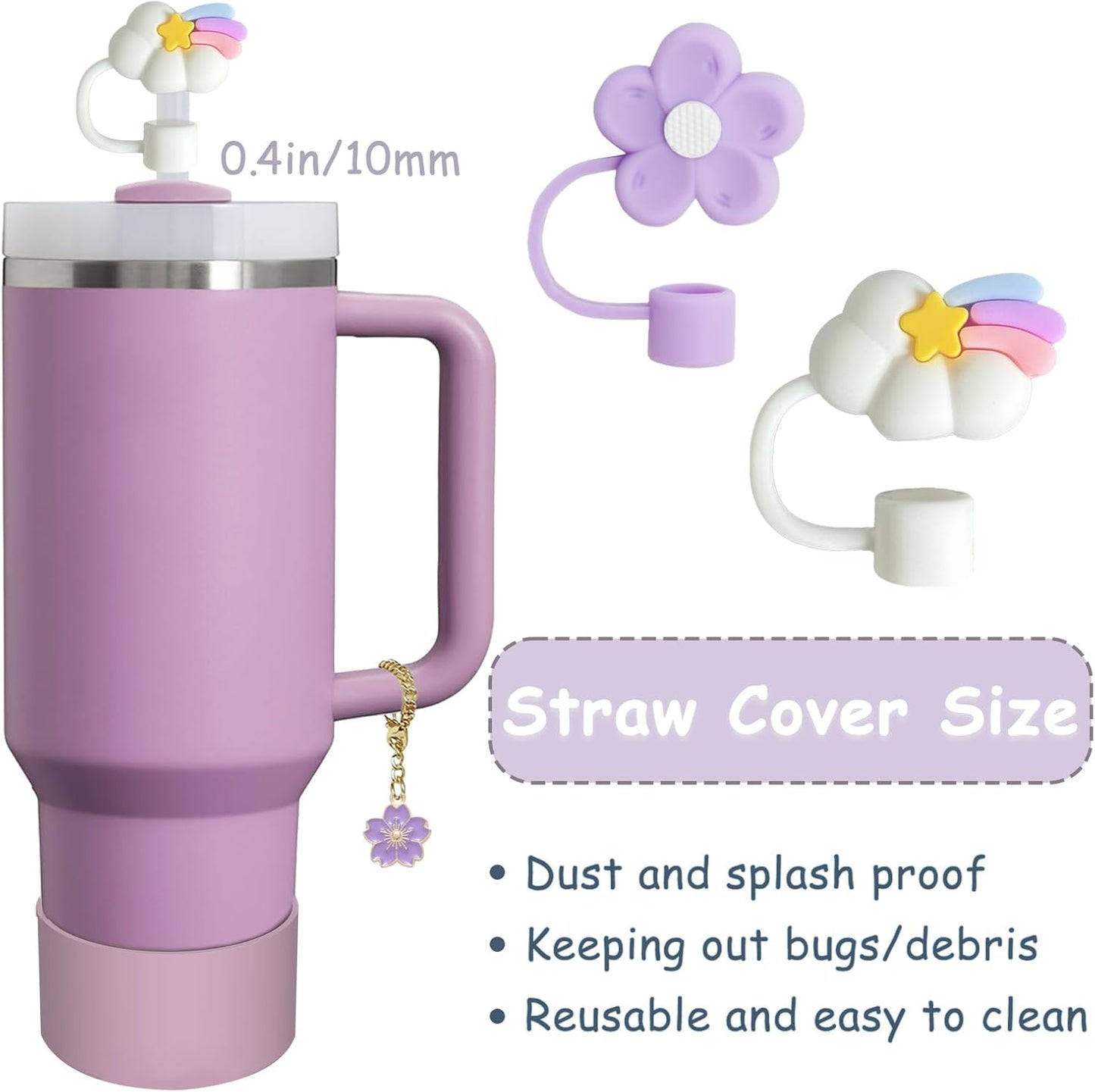 Stanley Cup Accessories Set,Including 2 Pcs 0.4in Straw Cover, 1 Silicone Spill-Proof Stopper Set of 3, 1 Cute Purple Flower Handle Charm, 1 Silicone Boot Fits Stanley 40&30 Oz Tumbler (Lilac)