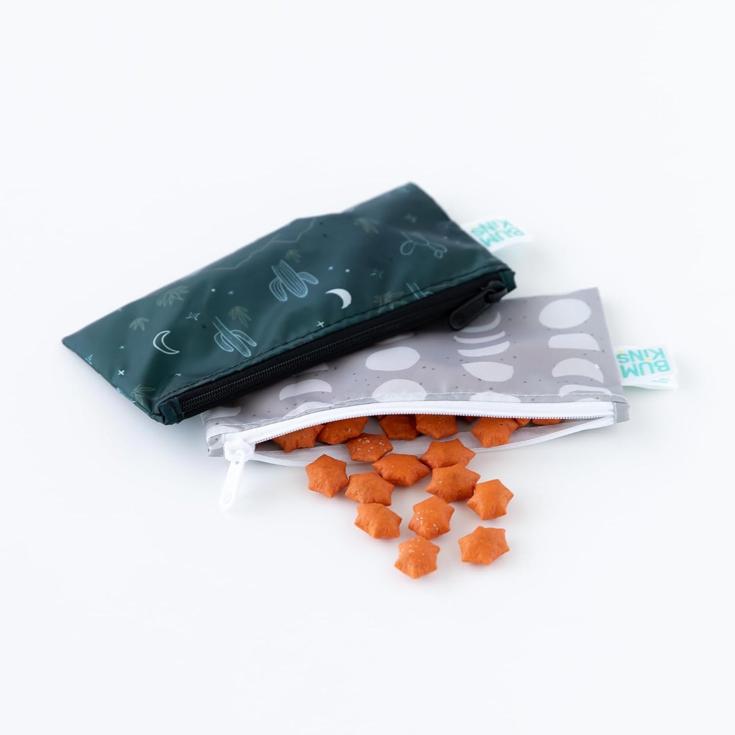 Bumkins Reusable Snack Bags, for Kids School Lunch and for Adults Portion, Washable Fabric, Waterproof Cloth Zip Bag, Supplies Travel Pouch, Food-Safe Storage, 2-pk Desert Night Dk. Green and Gray