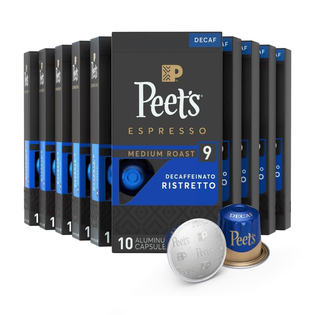 Peet's Coffee, Medium Roast Decaf Espresso Capsules, Compatible with Nespresso Original Machine - Decaf Ristretto Intensity 10, 100 Count (10 Boxes of 10 Espresso Capsules)