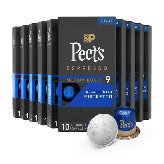 Peet's Coffee, Medium Roast Decaf Espresso Capsules, Compatible with Nespresso Original Machine - Decaf Ristretto Intensity 10, 100 Count (10 Boxes of 10 Espresso Capsules)