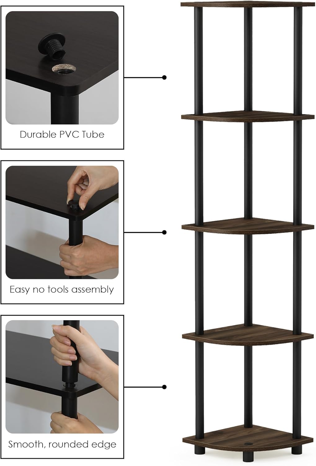 Furinno TURN-N-TUBE Corner Shelf Set of 2, 5-Tier Corner Bookshelf, Open Storage Shelves, for Organization and Storage, Living Room, Home Office, Garage, Columbia Walnut