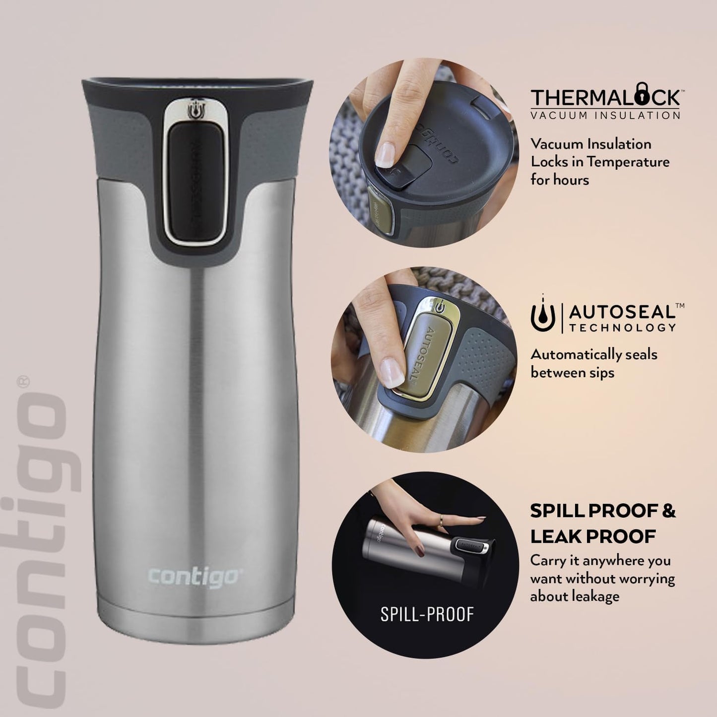 Contigo West Loop Autoseal Travel Mug, Stainless Steel Thermal Mug, Vacuum Flask, Leakproof Tumbler, Coffee Mug with BPA-Free Easy-Clean Lid
