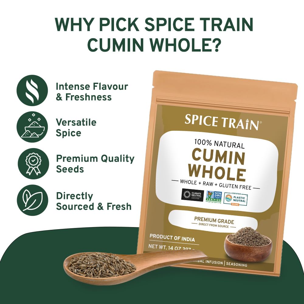 SPICE TRAIN Cumin Seeds (397g/14oz) Non GMO, Gluten Free, 100% Raw, Sourced from India, Excellent Flavor, Aromatic, For Tempering, Spice Blends and Seasonings, Packed in Resealable Ziplock Pouch