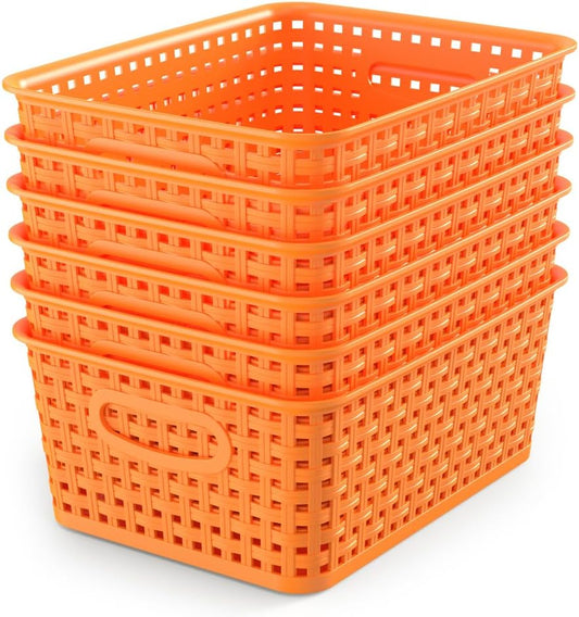 WYT 6-Pack Plastic Small Shelf Storage Weave Baskets Organizing for Cabinets and Pantries, Orange