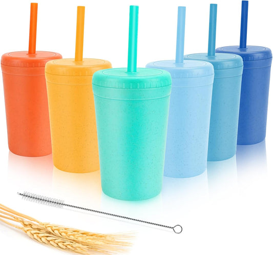 10 oz Wheat Straw Cups with Lids and Silicone Straws, Unbreakable Drinking Glasses, Plastic Cups for Kitchen, Small Tumbler Cups with Cleaning Brush, BPA Free, Dishwasher & Microwave Safe, 6 Pack