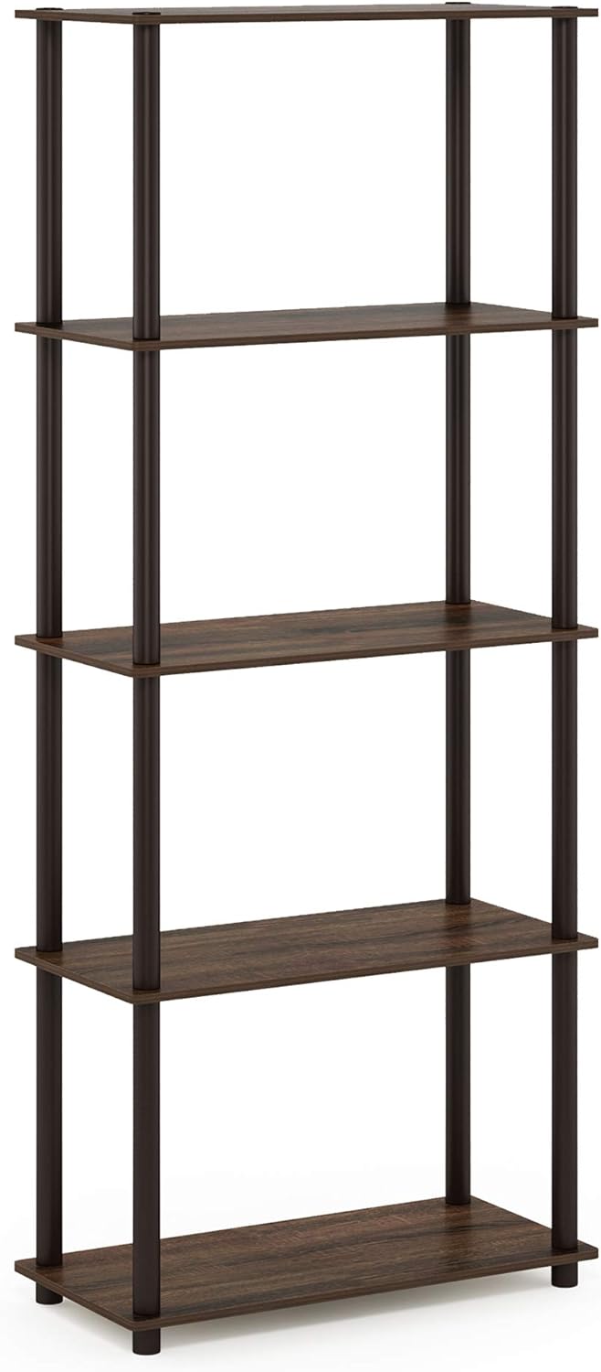 Furinno TURN-N-TUBE Storage Shelves, 5-Tier Book Shelf, Corner Shelf, Toolless Open Shelves, for Organization and Storage, Living Room, Garage, Home Office, Walnut