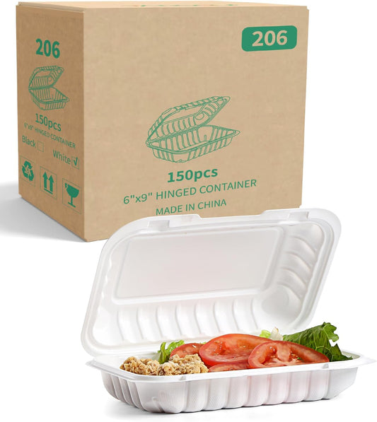 YANGRUI To Go Containers, Reusable 150 Pack 9 x 6 Inch 28 OZ Plastic Hinged Food Boxes Microwave Freezer Safe BPA Free MFPP Clamshell Take Out Container