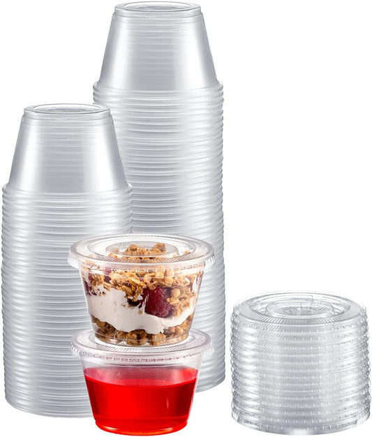 Portion Cups with Lids (4 Ounces, 100 Pack) | Disposable Plastic Cups for Meal Prep, Portion Control, Salad Dressing, & Medicine | Small Plastic Condiment Container