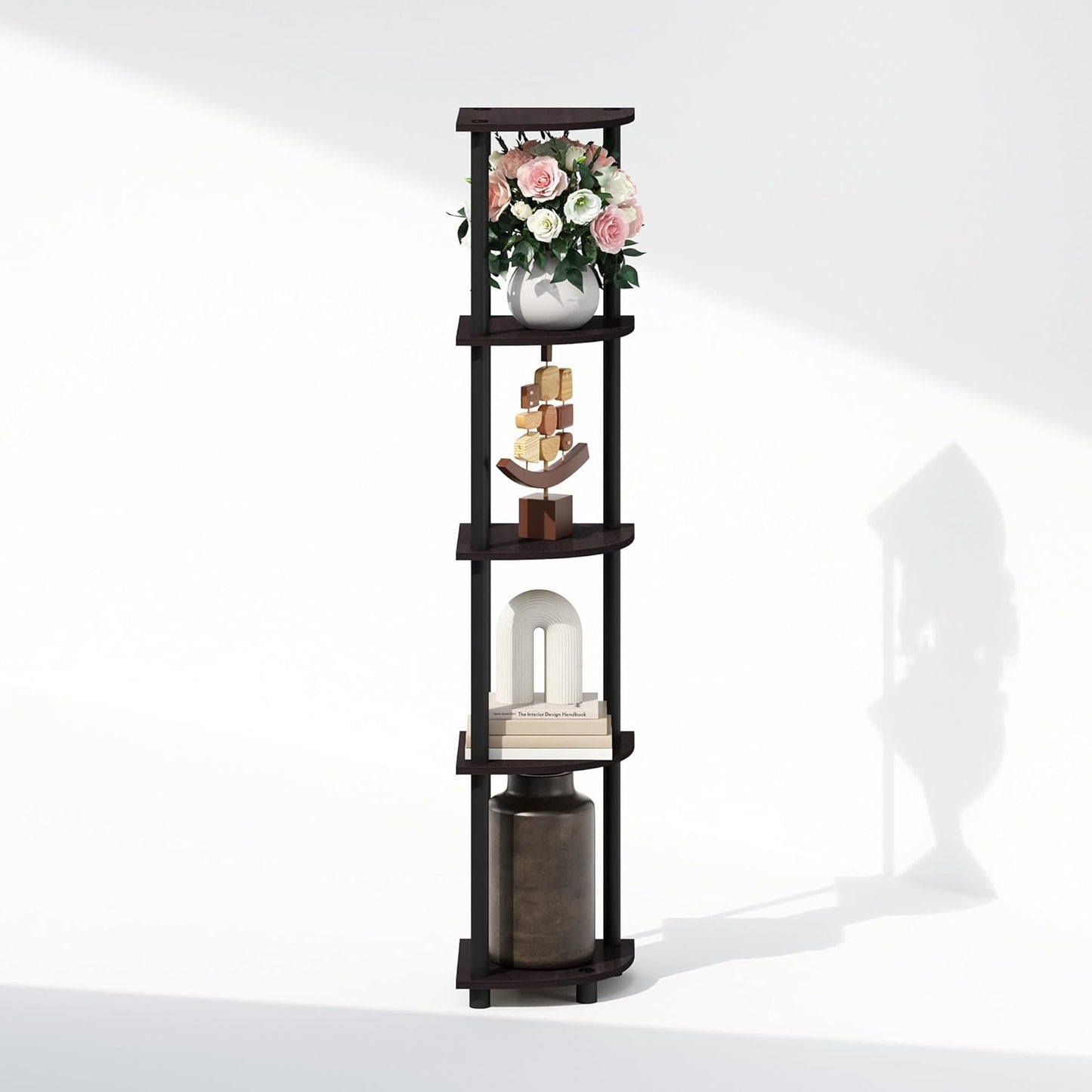 Furinno Turn-N-Tube Corner Shelf, 5-Tier Corner Display Rack, Shelving Unit, for Organization and Storage, Living Room, Home Office, Garage, Bedroom, Dark Walnut