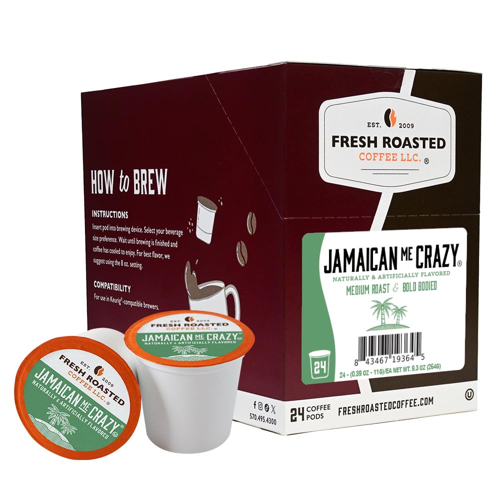 Fresh Roasted Coffee, Jamaican Me Crazy, Flavored Coffee Pods, 24 Count