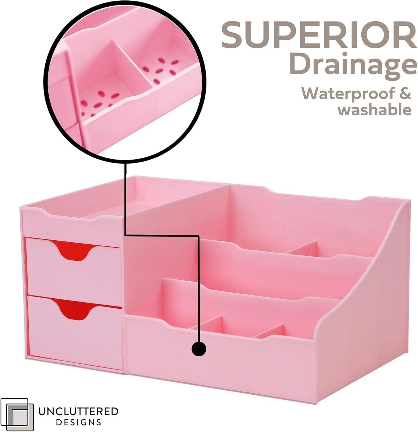 Uncluttered Designs Makeup Organizer With Drawers - Cute Kawaii Countertop Storage for Cosmetics, Pretty Vanity Holder for Perfume, Skincare, Brush, Lipstick, Nail Polish and other Accessories (Pink)