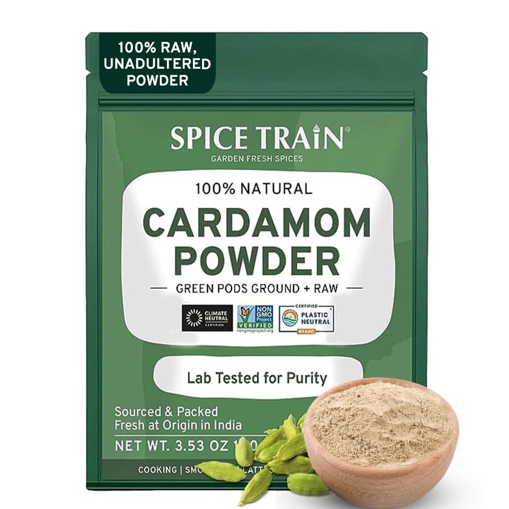 Cardamom Powder (100g/3.53oz) Gluten Free, Raw Ground Elaichi for Cooking, Smoothies, Lattes, Masala Tea, Packed in Resealable Zip Lock Pouch