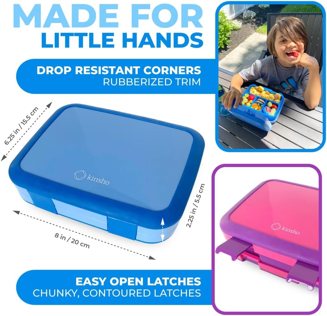kinsho Bento Lunch Box for Kids Toddlers Boys Girls, 5 Portion Sections Secure Lid, Microwave Safe BPA Free Removable Tray, Pre-School Kid Daycare Lunches Snack Container, Blue & Pink Purple 2 pack
