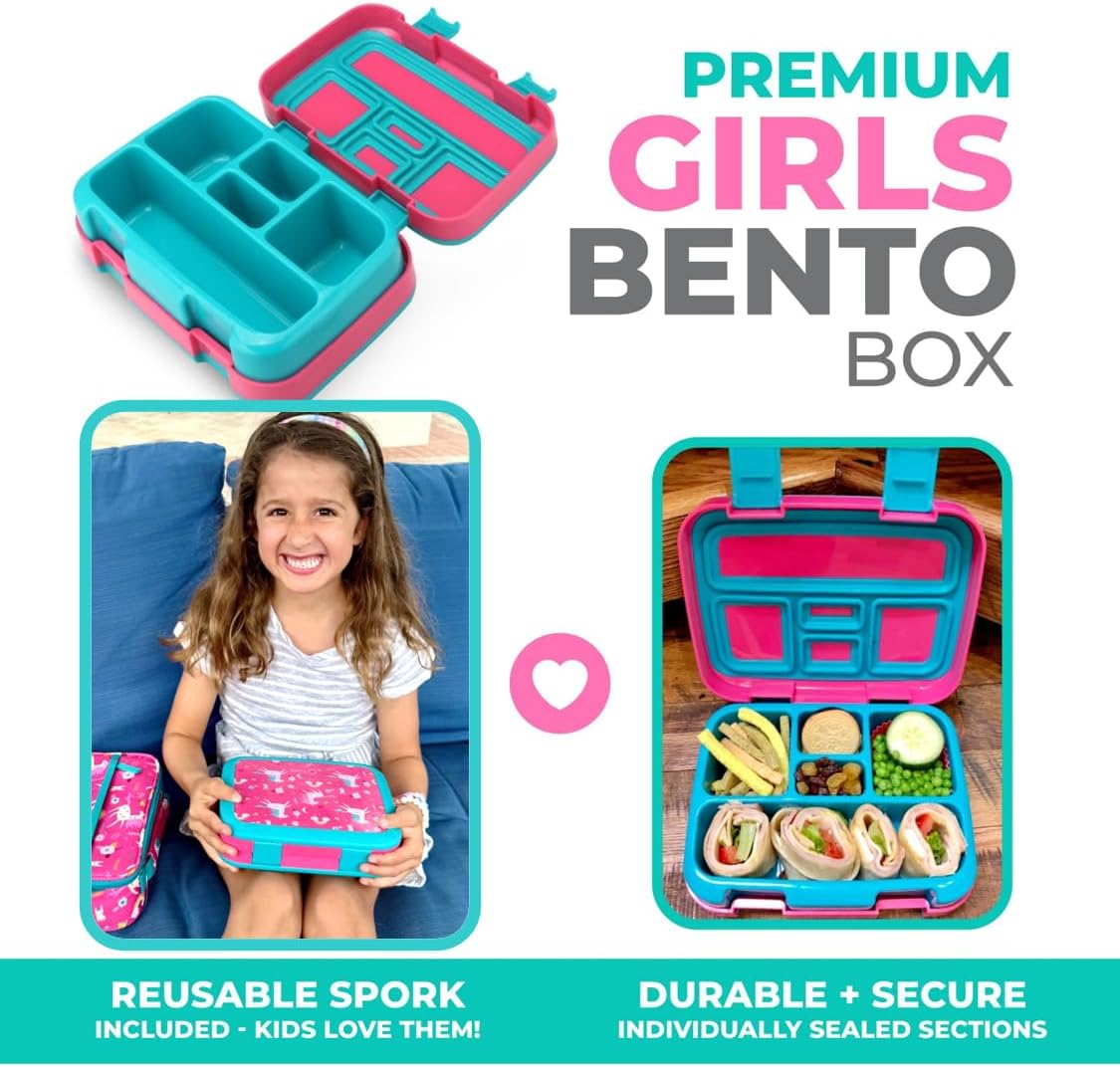 kinsho Unicorn Bento Lunch Box for Girls Toddlers, 5 Portion Control Sections, BPA Free Removable Plastic Tray, Pre-School Kid Toddler Girl Daycare Lunches, Snack Container Ages 3 to 7 Pink Unicorns