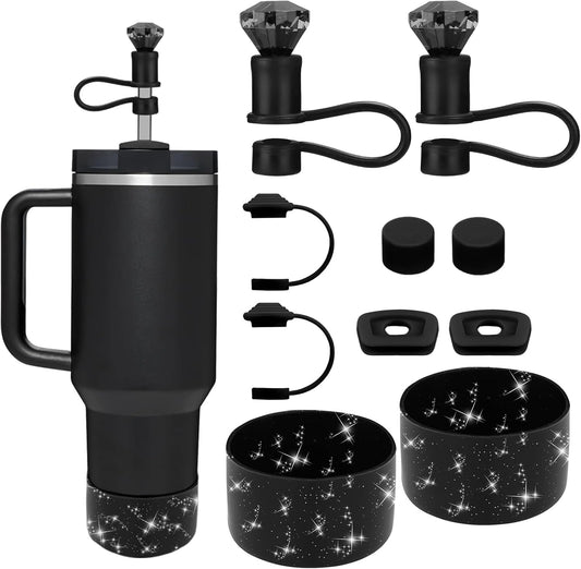 Mity rain Set for Stanley Cup Accessories, Including 2Pcs Straw Topper, 4 Pcs Silicone Spill Proof Stopper, 2Pcs Protective Glitter Silicone Boot, Set for Stanley Cup 40/30 OZ(2 Black)