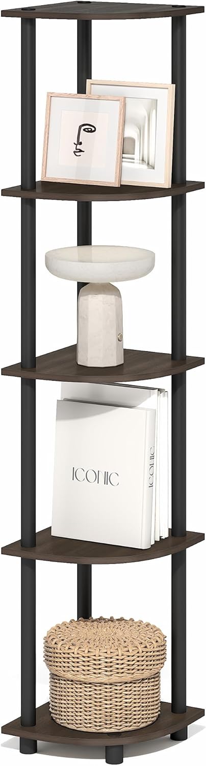 Furinno Turn-N-Tube Corner Shelf, 5-Tier Corner Bookshelf, Open Storage Shelves, for Organization and Storage, Living Room, Home Office, Garage, Bedroom, Brown Grain