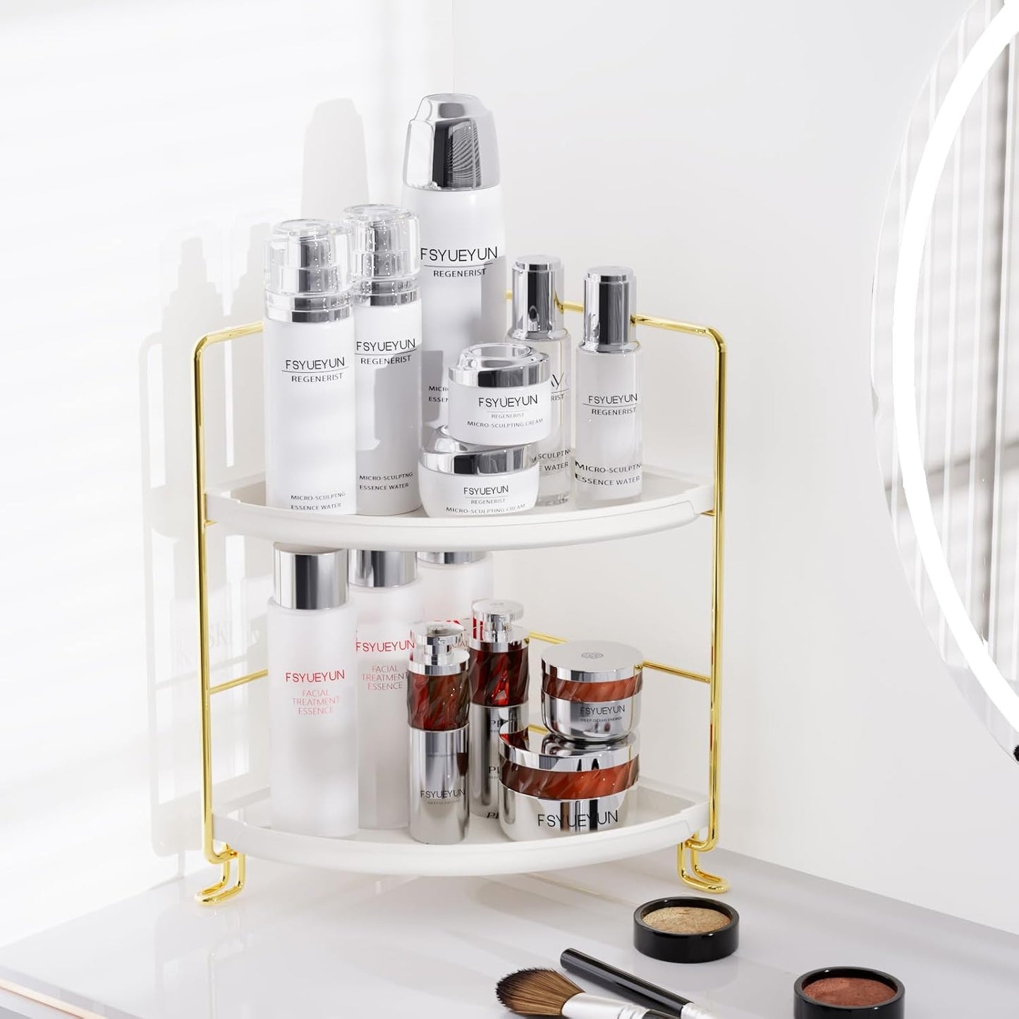 FSyueyun 2-Tier Corner Bathroom Counter Organizer, Tool-Less Installation Vanity Shelf Small Plastics Countertop Makeup Tray Skincare Perfume Organizers (Gold)